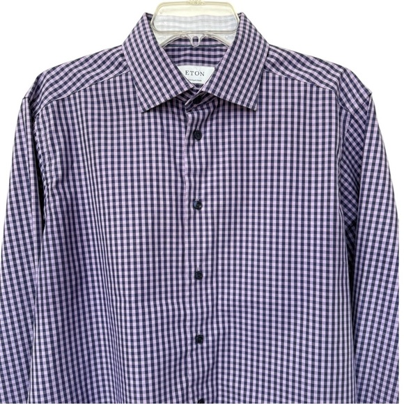 Eton Contemporary Fit Button Dress Shirt Size 42 Neck 16.5 Cotton Purple Check - Picture 1 of 7